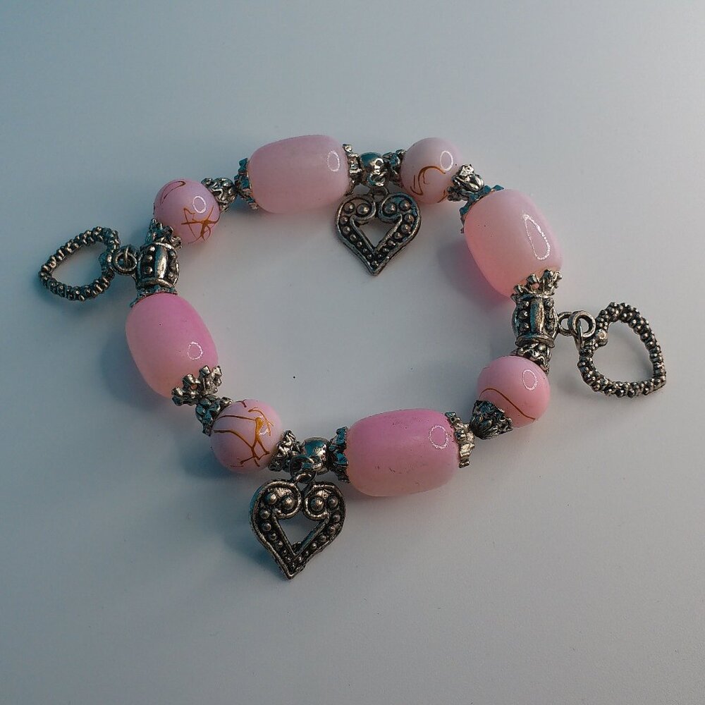 Women's Pink Clear Crystal beaded Bracelet, with little silver hearts